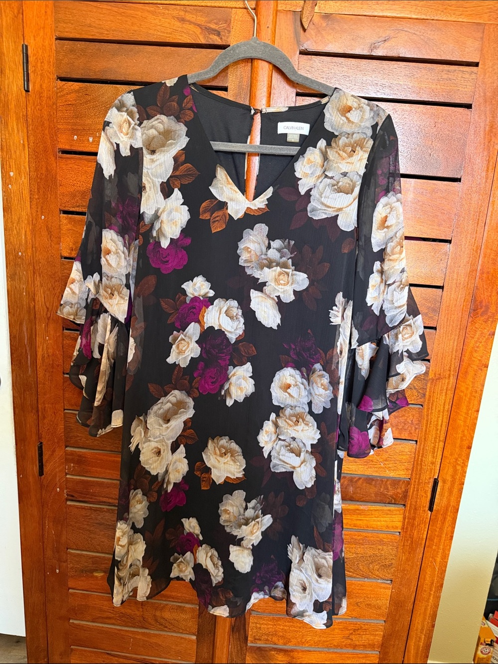Calvin Klein Black Floral Ruffled-Sleeve Dress with Cream & Purple Blooms
